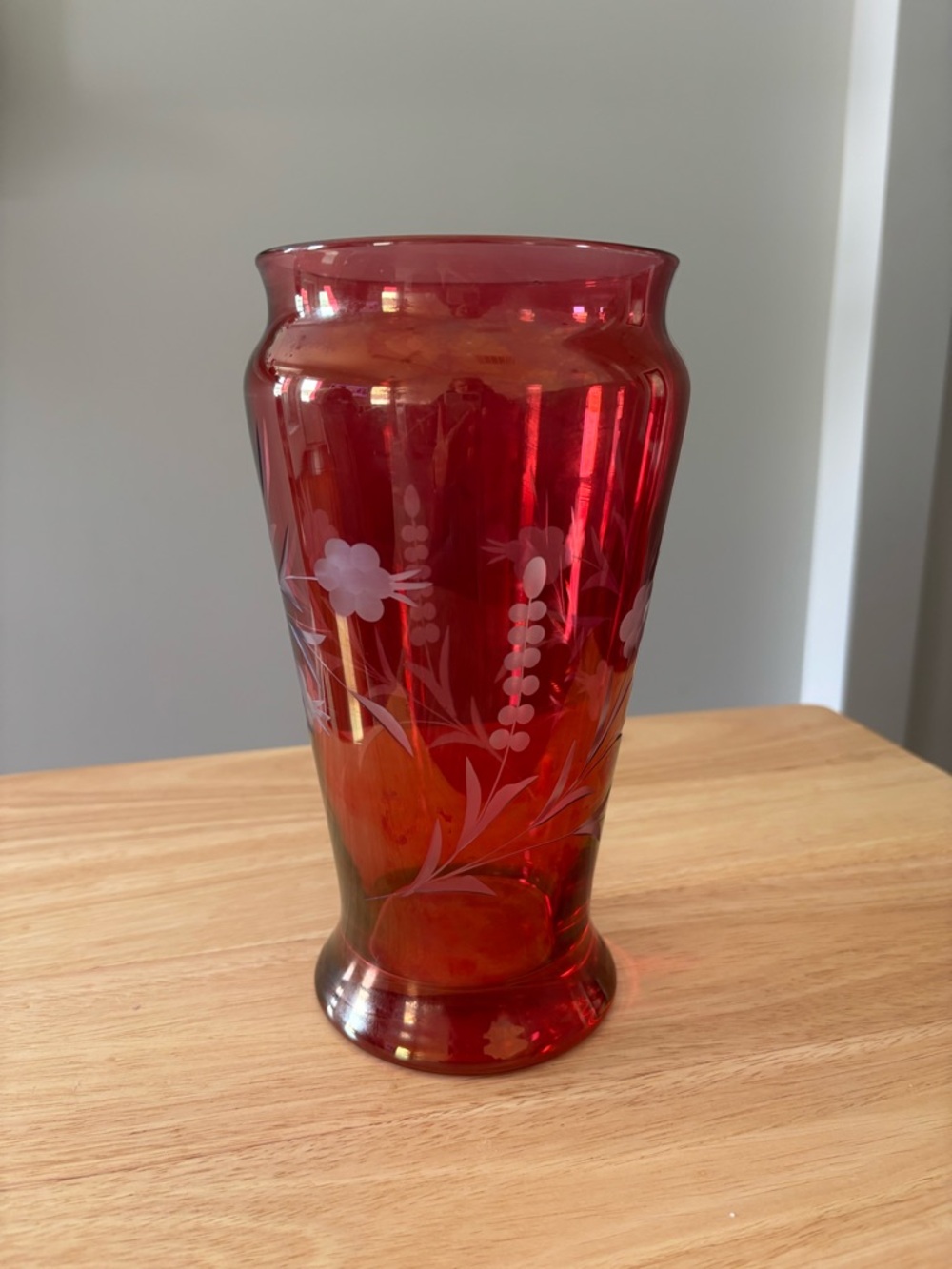Cranberry Etched Glass Large Floral Vase